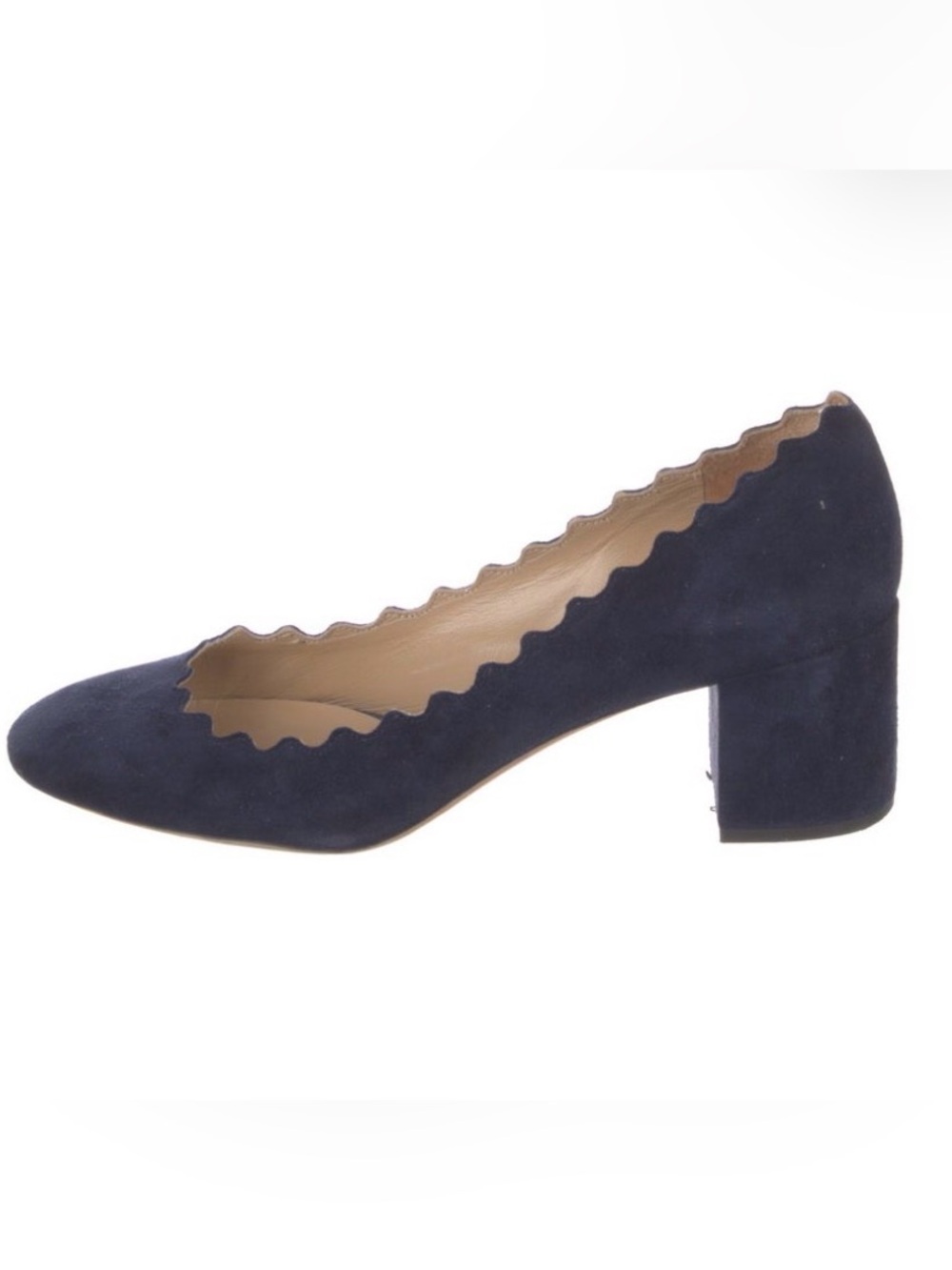 Chloe Navy Scalloped Suede Block Heel Pump
